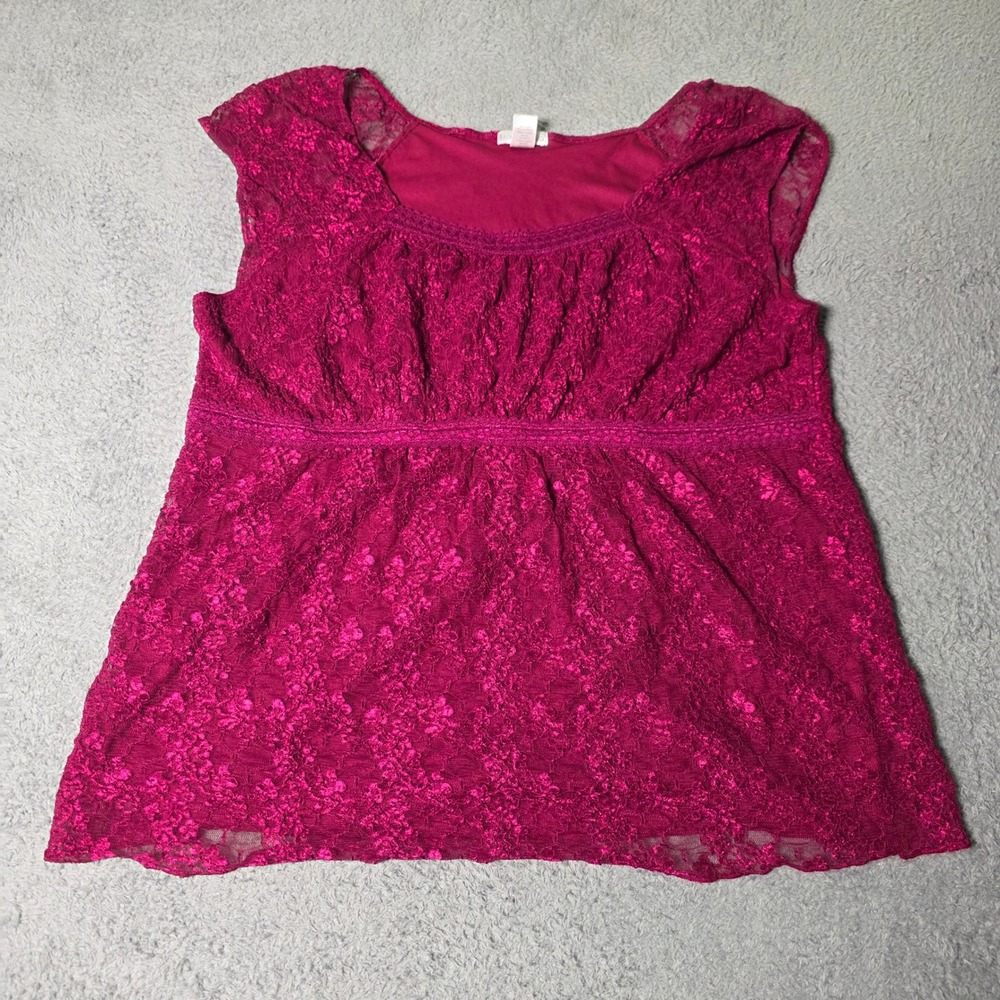 Fashion Bug Womens 18/20W Blouse Magenta Pink Lace Empire Waist Cap Sleeve Top